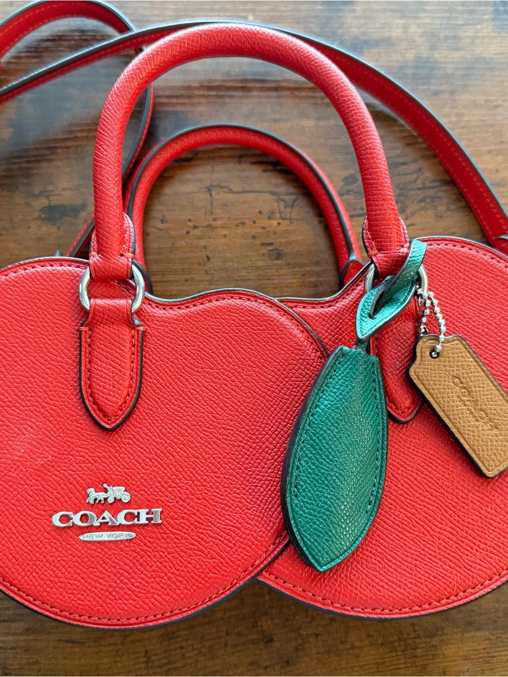 Coach Red Leather Mini Cherry Satchel with Green Leaf Charm
